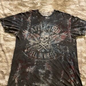 Affliction Black and Red Short Sleeve Tee with Skull Graphic